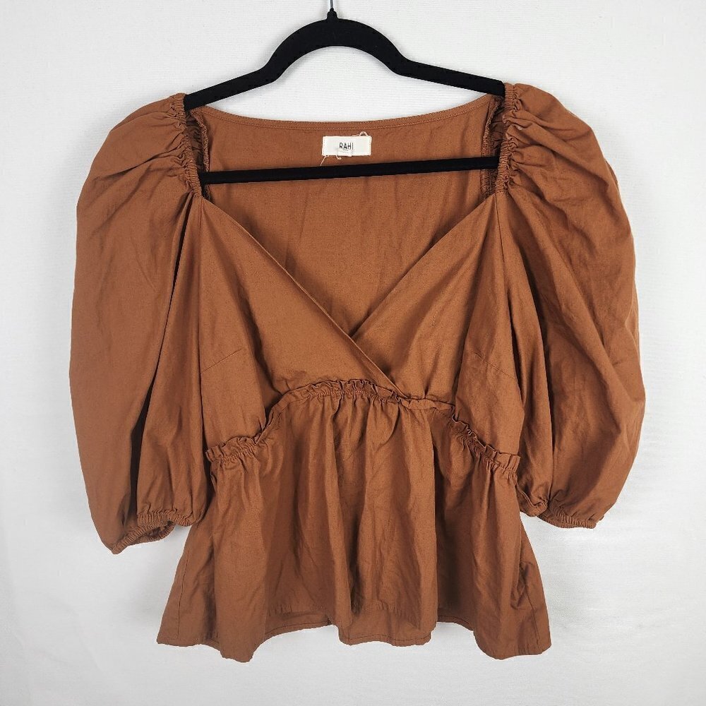 RAHI 100% Cotton Bohemian Puff Sleeve‎ Peplum V-neck Top L